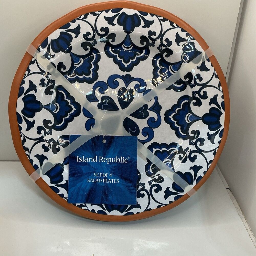 Island Republic Set of 4 Salad Plates Blue White Floral Orange Rim NWT